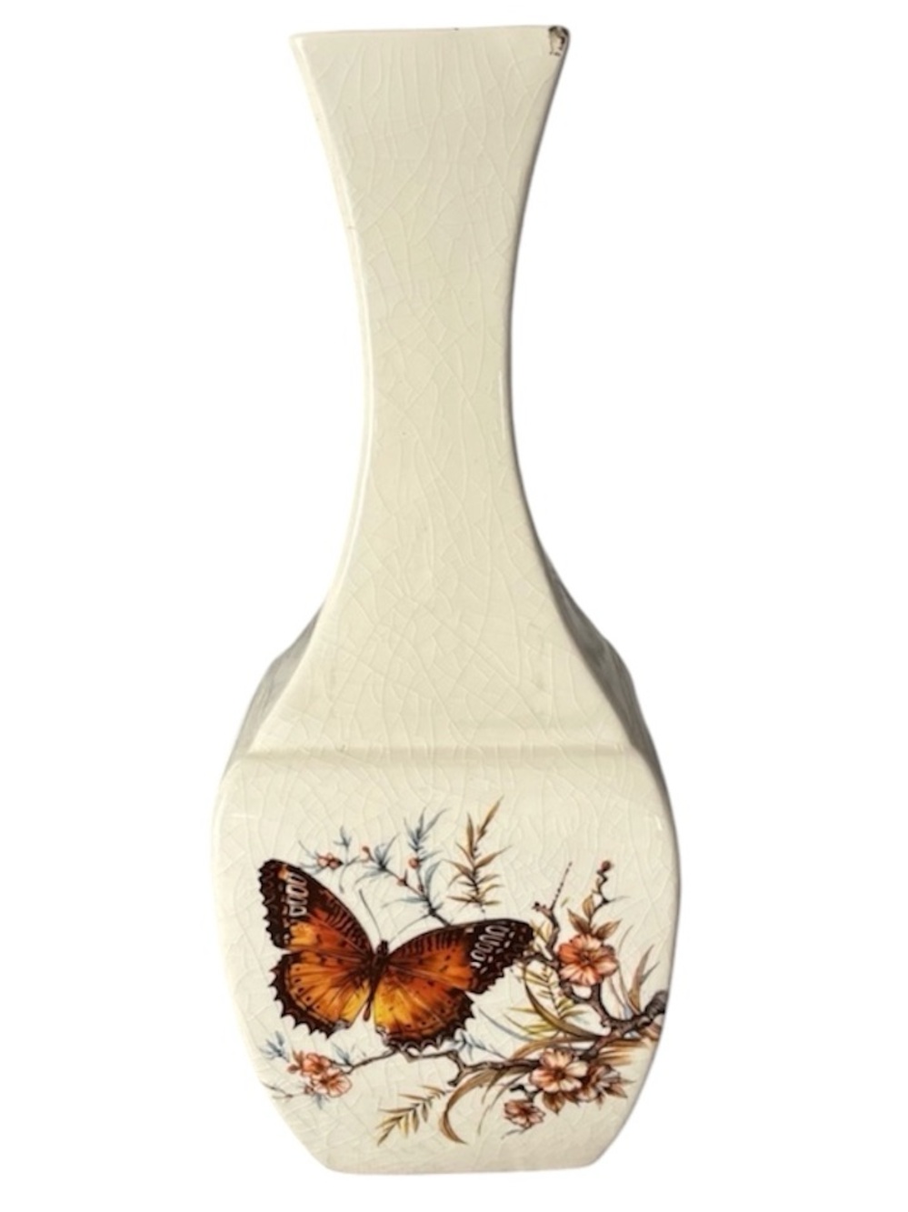 70s Vintage Butterfly Floral Bud Vase Crackle Glaze Boho Treasure Craft